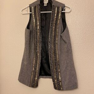 Chicos Embellished studded beaded herringbone tweed Wool Blend Vest gray 0/S/4